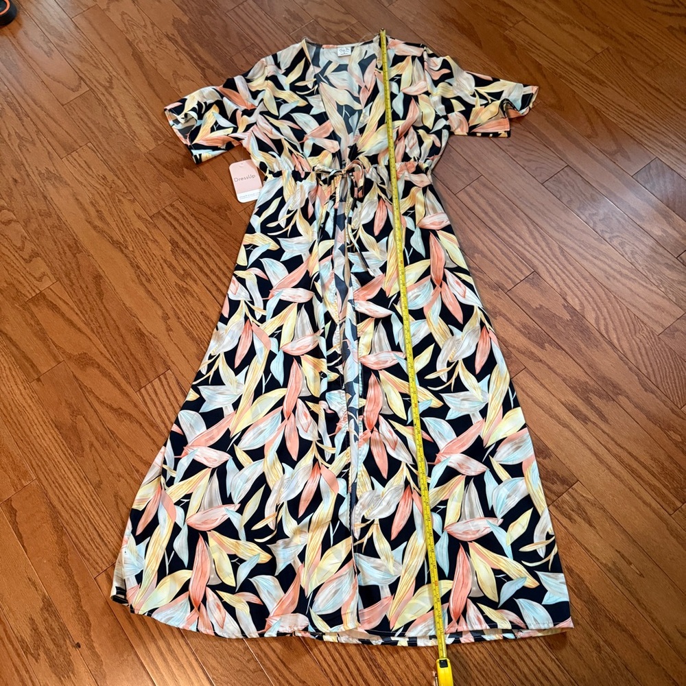 Cozy Co by Cozy Casual Navy Tropical Leaf Print Maxi Kimono Swim Cover Up Medium - Picture 8 of 9